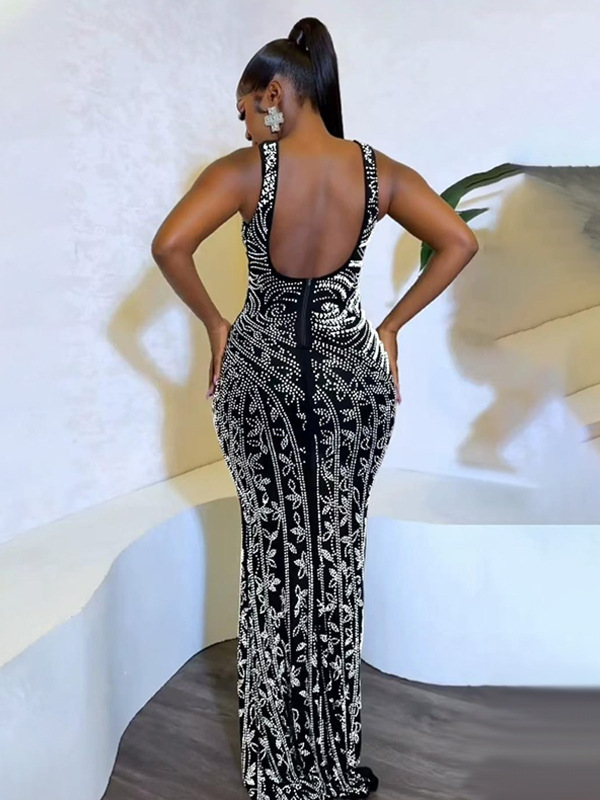 Women solid beaded Bodycon Backless Sexy Slit Dress