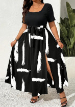 Plus Size Women Summer Contrast Color Patchwork Short-Sleeve Dress