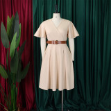 Plus Size Women Elegant Solid V-Neck Bell Bottom Sleeve African Dress