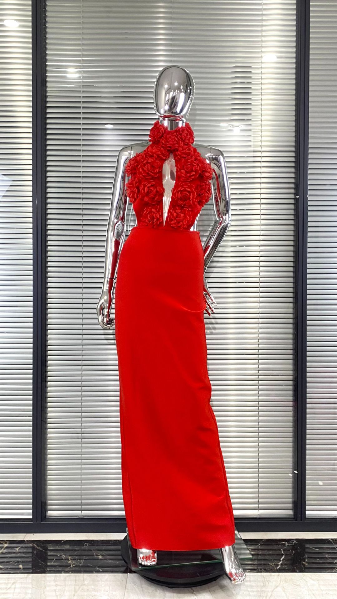 Women Floral Sexy Hollow Backless Halter Neck Red Summer Party and Holiday Bandage Dress