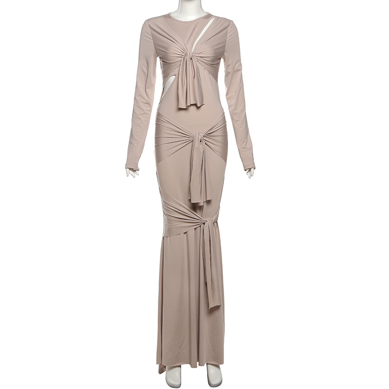 Women Summer Sexy Hollow Long-Sleeve Solid Dress