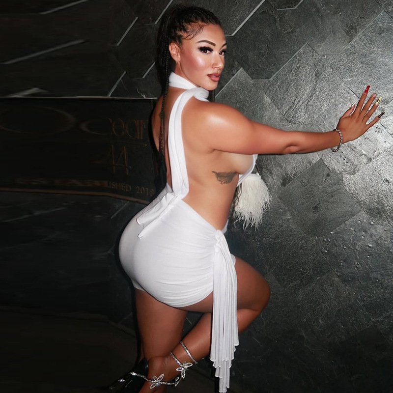 Women patchwork backless solid bodycon lace-up asymmetrical pleated dress