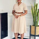 Plus Size Women Elegant Solid V-Neck Bell Bottom Sleeve African Dress