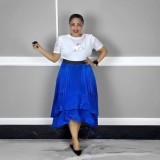 Plus Size Women French T-Shirt and Pleated Ruffle Puffy Skirt Two-Piece Set