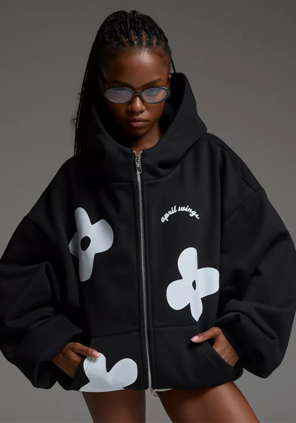 Women Trendy Autumn/Winter Floral Print Zipper Hoodies