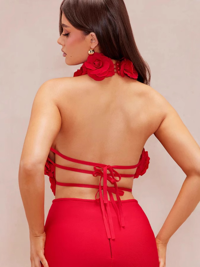 Women Floral Sexy Hollow Backless Halter Neck Red Summer Party and Holiday Bandage Dress
