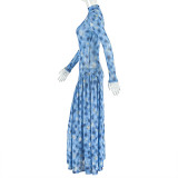 Women printed turtleneck maxi dress