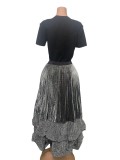 Plus Size Women French T-Shirt and Pleated Ruffle Puffy Skirt Two-Piece Set