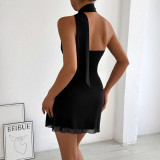 Women Summer One-Shoulder Sleeveless Halter Neck Sexy Lace-Up Bodycon Mini Dress