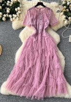 Women French Beaded Embroidered Short Sleeve Puffy Mesh Dress Women French Beaded Embroidered Short Sleeve Puffy Mesh Dress