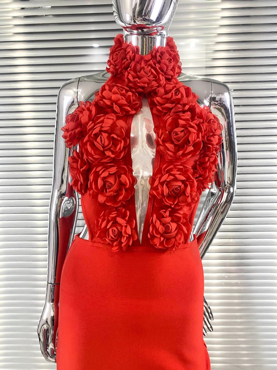 Women Floral Sexy Hollow Backless Halter Neck Red Summer Party and Holiday Bandage Dress