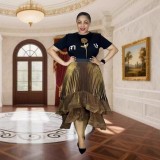 Plus Size Women French T-Shirt and Pleated Ruffle Puffy Skirt Two-Piece Set