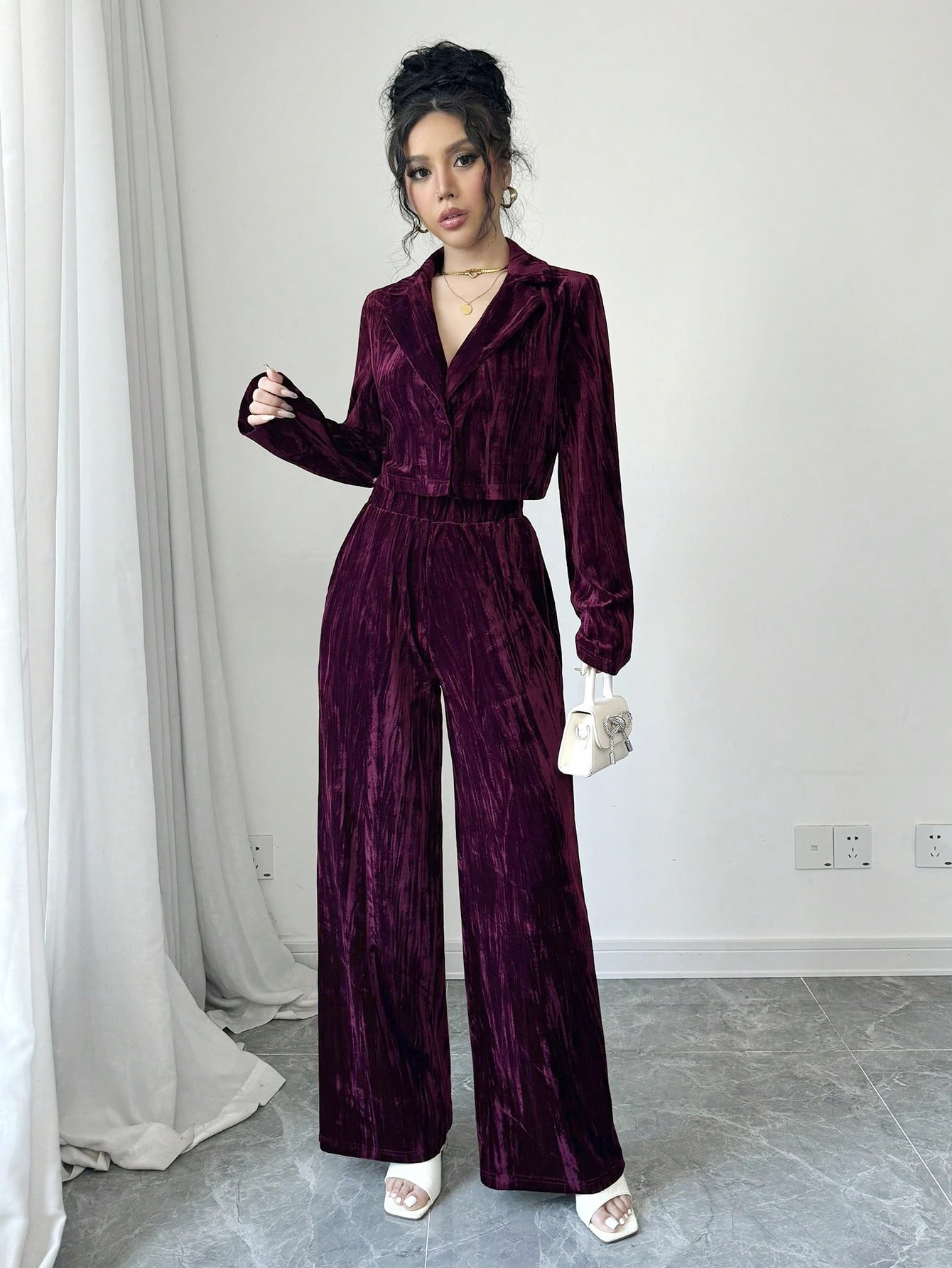 Women Pleated Velvet Long-Sleeved Blazer and Wide-Leg Pants Two-Piece Set