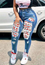 Women summer red plaid patchwork ripped casual stretch denim pants