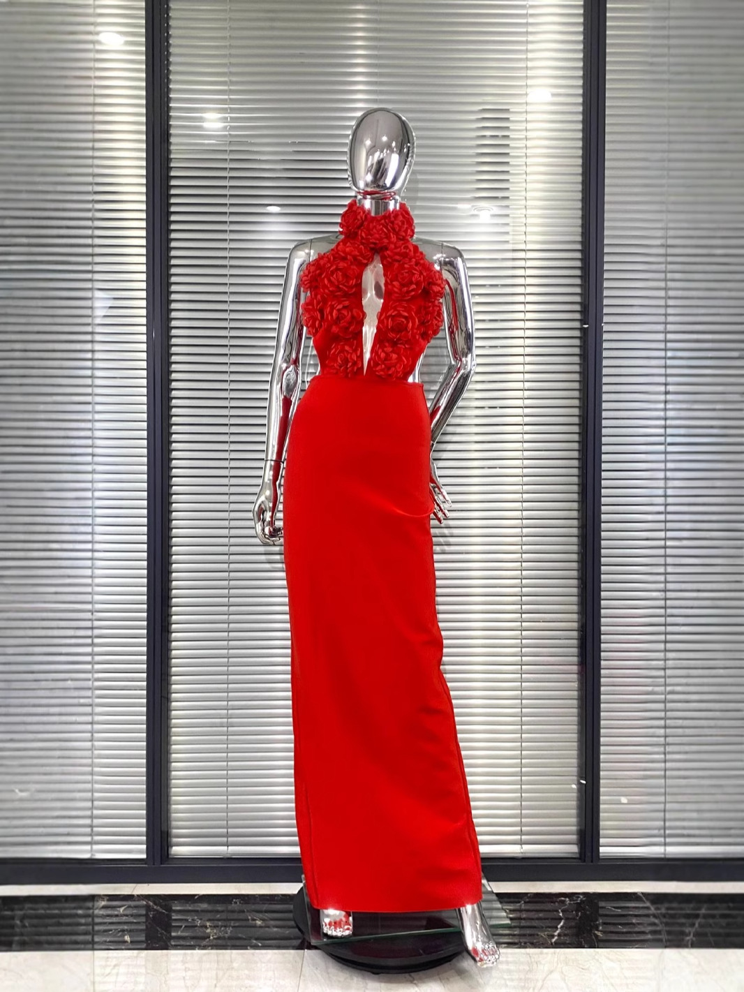 Women Floral Sexy Hollow Backless Halter Neck Red Summer Party and Holiday Bandage Dress