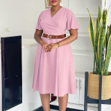 Plus Size Women Elegant Solid V-Neck Bell Bottom Sleeve African Dress
