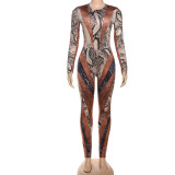 Women Style Snake Print Sexy Bodysuit and Pants Two-Piece Set