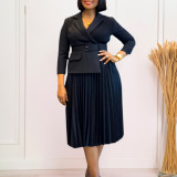 Women Fall/Winter Turndown Collar Pleated African Dress