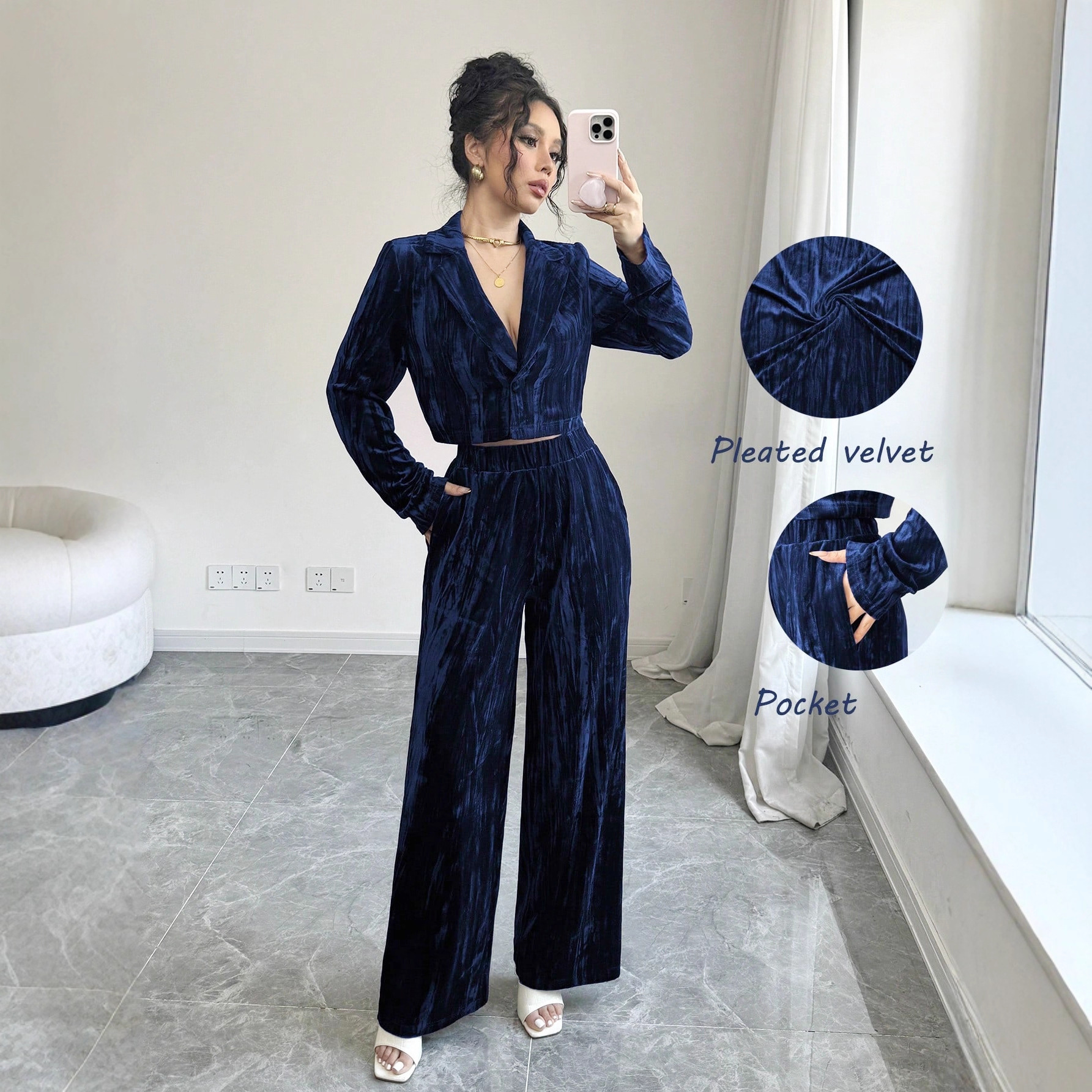 Women Pleated Velvet Long-Sleeved Blazer and Wide-Leg Pants Two-Piece Set