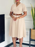 Plus Size Women Elegant Solid V-Neck Bell Bottom Sleeve African Dress
