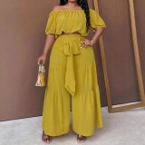 Plus Size Women Summer Beach Holiday Off-Shoulder Puff-sleeved off-the-shoulder crop top and wide-leg pants two-piece set