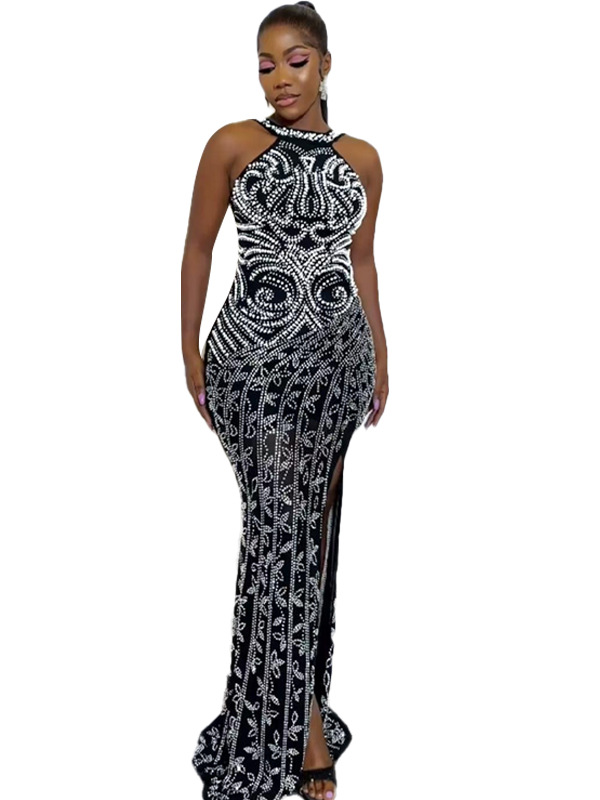 Women solid beaded Bodycon Backless Sexy Slit Dress