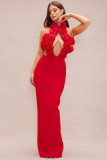 Women Floral Sexy Hollow Backless Halter Neck Red Summer Party and Holiday Bandage Dress