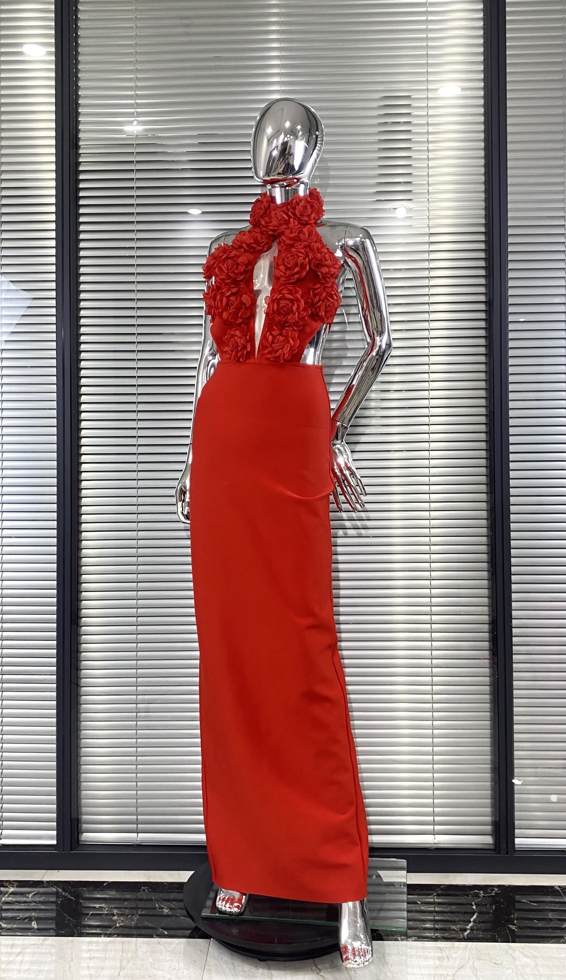 Women Floral Sexy Hollow Backless Halter Neck Red Summer Party and Holiday Bandage Dress