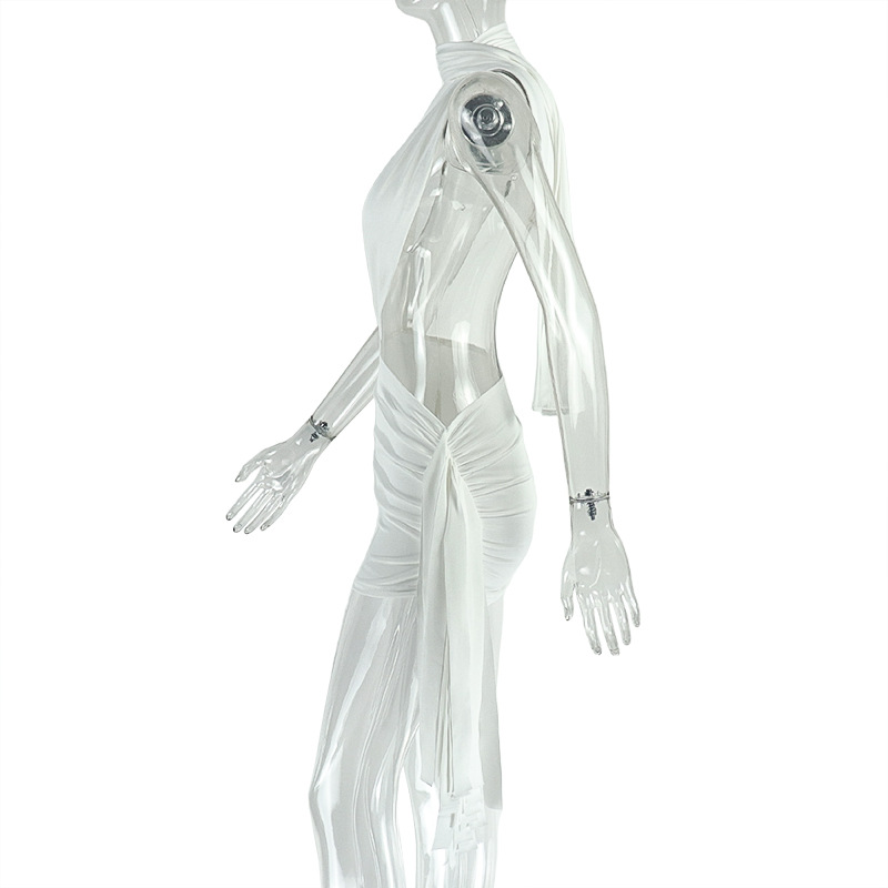 Women patchwork backless solid bodycon lace-up asymmetrical pleated dress