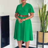Plus Size Women Elegant Solid V-Neck Bell Bottom Sleeve African Dress