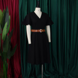Plus Size Women Elegant Solid V-Neck Bell Bottom Sleeve African Dress