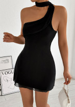 Women Summer One-Shoulder Sleeveless Halter Neck Sexy Lace-Up Bodycon Mini Dress Women Summer One-Shoulder Sleeveless Halter Neck Sexy Lace-Up Bodycon Mini Dress