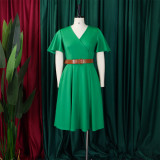 Plus Size Women Elegant Solid V-Neck Bell Bottom Sleeve African Dress