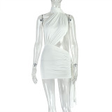 Women patchwork backless solid bodycon lace-up asymmetrical pleated dress