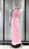 Women Floral Sexy Hollow Backless Halter Neck Red Summer Party and Holiday Bandage Dress