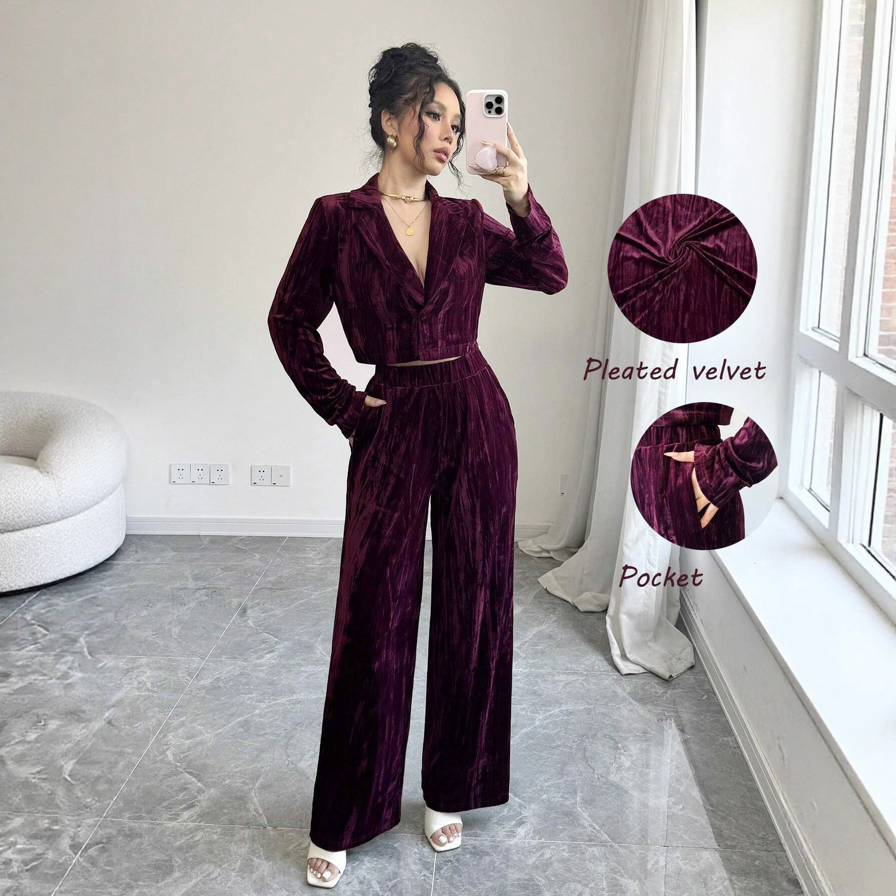 Women Pleated Velvet Long-Sleeved Blazer and Wide-Leg Pants Two-Piece Set