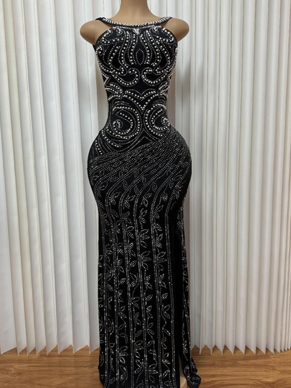 Women solid beaded Bodycon Backless Sexy Slit Dress
