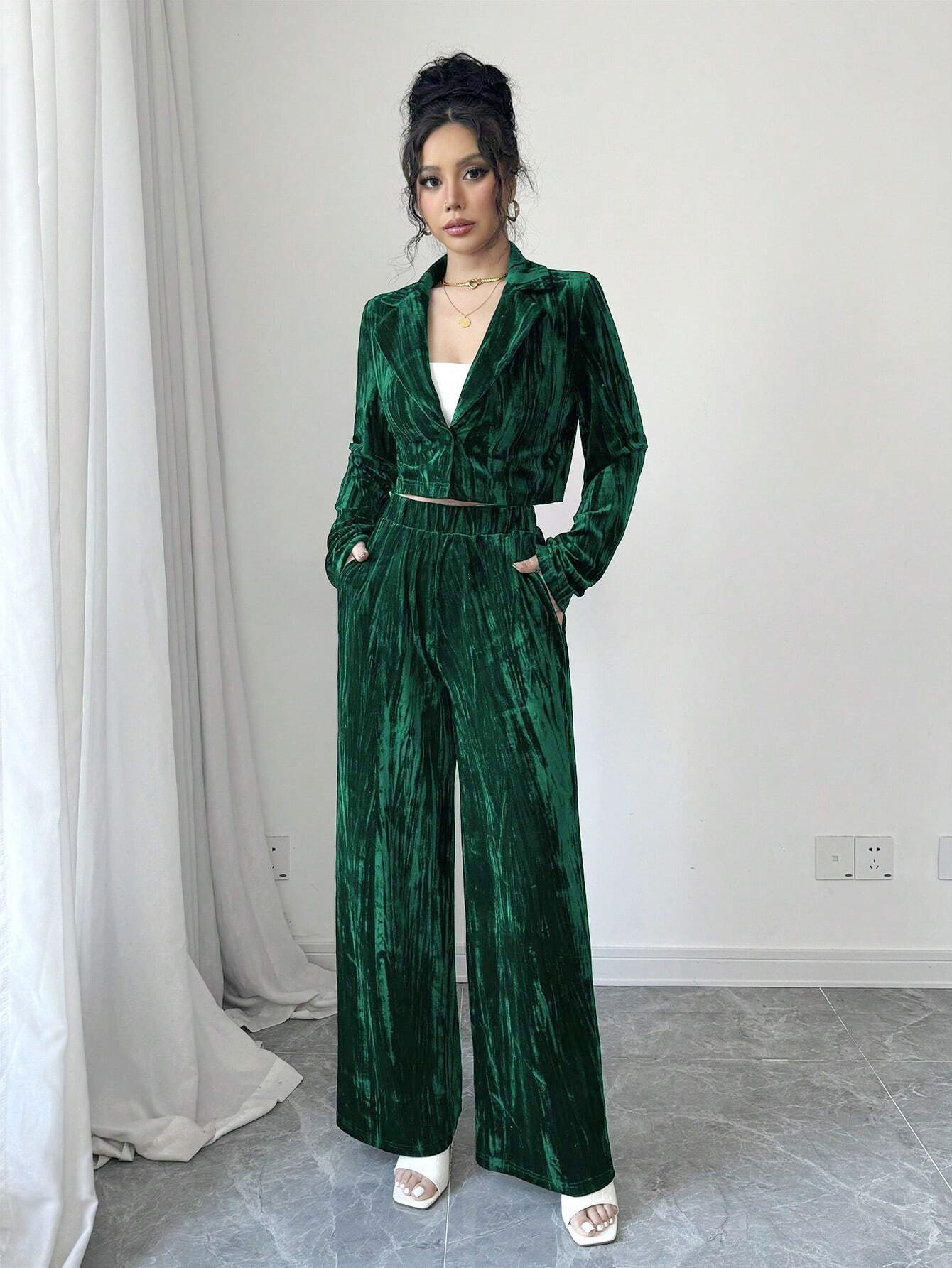 Women Pleated Velvet Long-Sleeved Blazer and Wide-Leg Pants Two-Piece Set