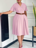 Plus Size Women Elegant Solid V-Neck Bell Bottom Sleeve African Dress
