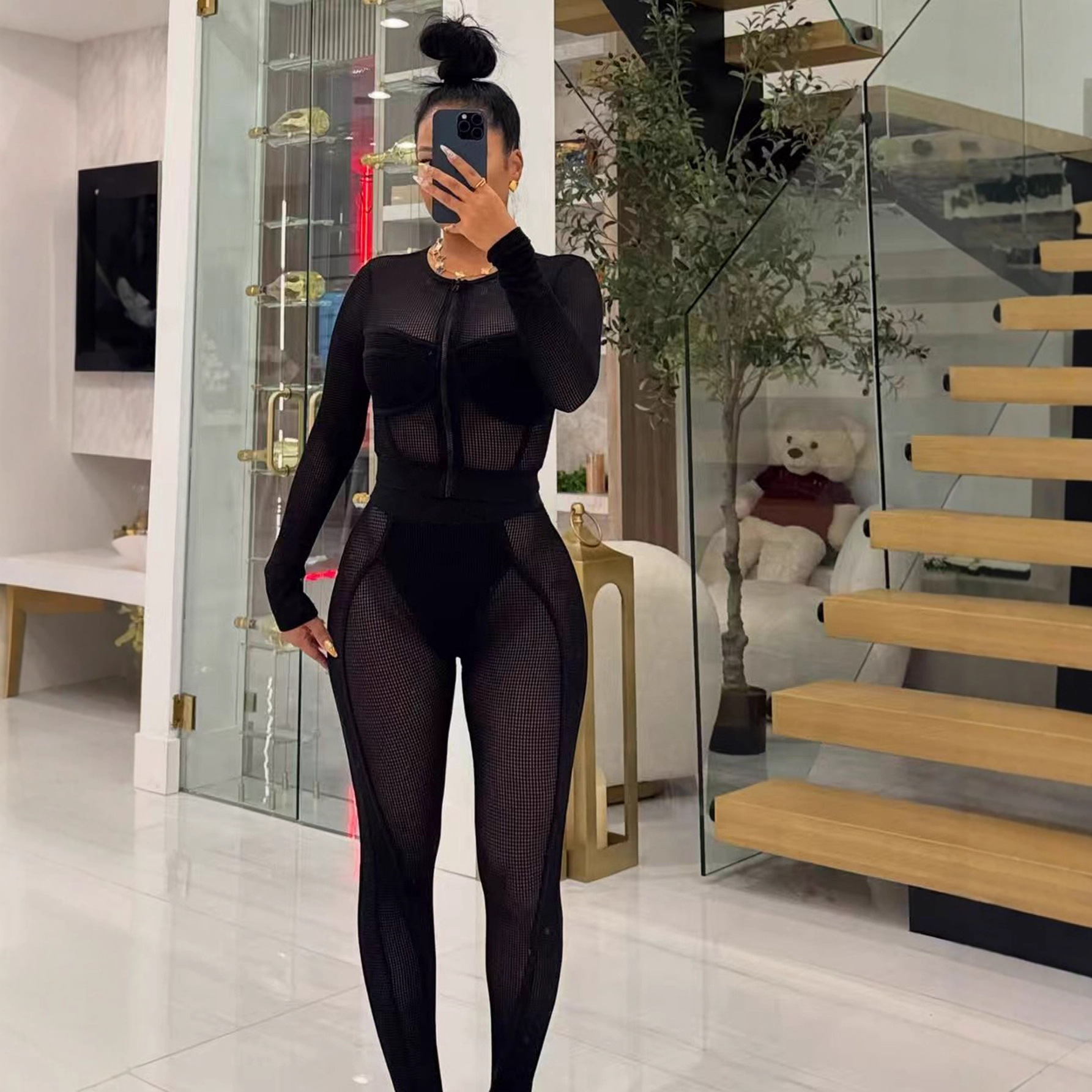 Women Casual Mesh Zipper Top and Pants Two-Piece Set