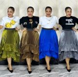 Plus Size Women French T-Shirt and Pleated Ruffle Puffy Skirt Two-Piece Set