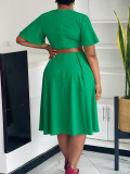Plus Size Women Elegant Solid V-Neck Bell Bottom Sleeve African Dress
