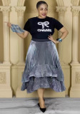 Plus Size Women French T-Shirt and Pleated Ruffle Puffy Skirt Two-Piece Set