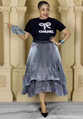Plus Size Women French T-Shirt and Pleated Ruffle Puffy Skirt Two-Piece Set