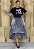 Plus Size Women French T-Shirt and Pleated Ruffle Puffy Skirt Two-Piece Set Plus Size Women French T-Shirt and Pleated Ruffle Puffy Skirt Two-Piece Set