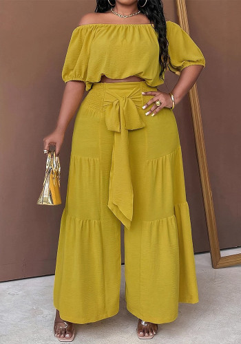 Plus Size Women Summer Beach Holiday Off-Shoulder Puff-sleeved off-the-shoulder crop top and wide-leg pants two-piece set