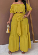 Plus Size Women Summer Beach Holiday Off-Shoulder Puff-sleeved off-the-shoulder crop top and wide-leg pants two-piece set Plus Size Women Summer Beach Holiday Off-Shoulder Puff-sleeved off-the-shoulder crop top and wide-leg pants two-piece set
