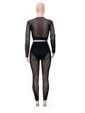 Women Casual Mesh Zipper Top and Pants Two-Piece Set