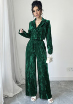 Women Pleated Velvet Long-Sleeved Blazer and Wide-Leg Pants Two-Piece Set Women Pleated Velvet Long-Sleeved Blazer and Wide-Leg Pants Two-Piece Set