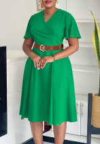 Plus Size Women Elegant Solid V-Neck Bell Bottom Sleeve African Dress